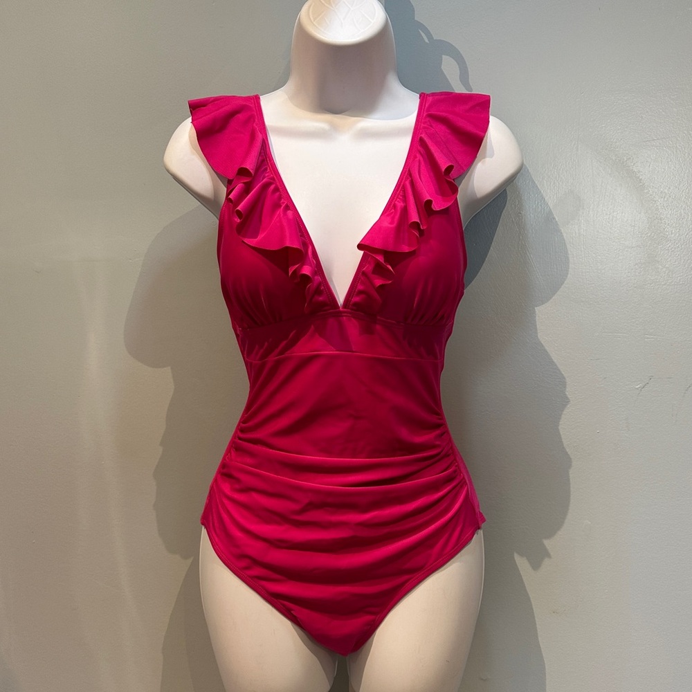 Cupshe Hot Pink Ruffled Lace Up Back One Piece Swimsuit Small New with Tags